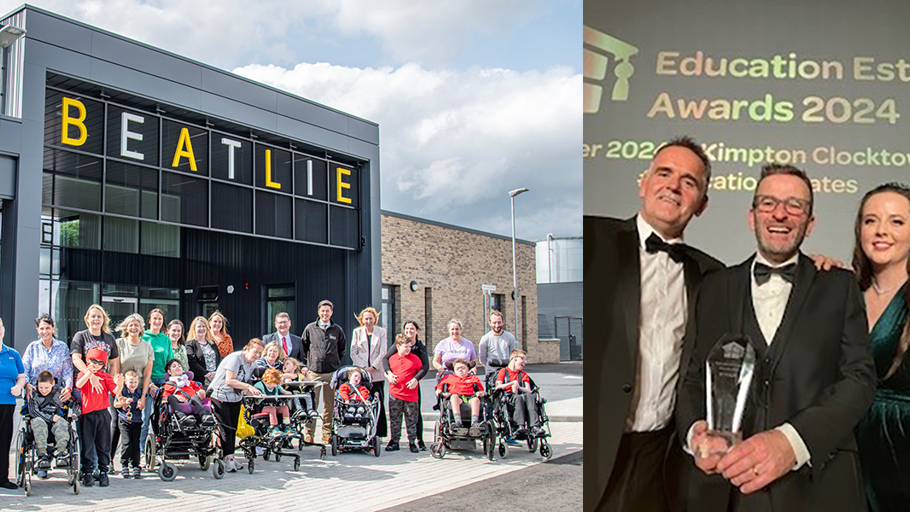 split image external of a school on the left awards ceremony on the right  
